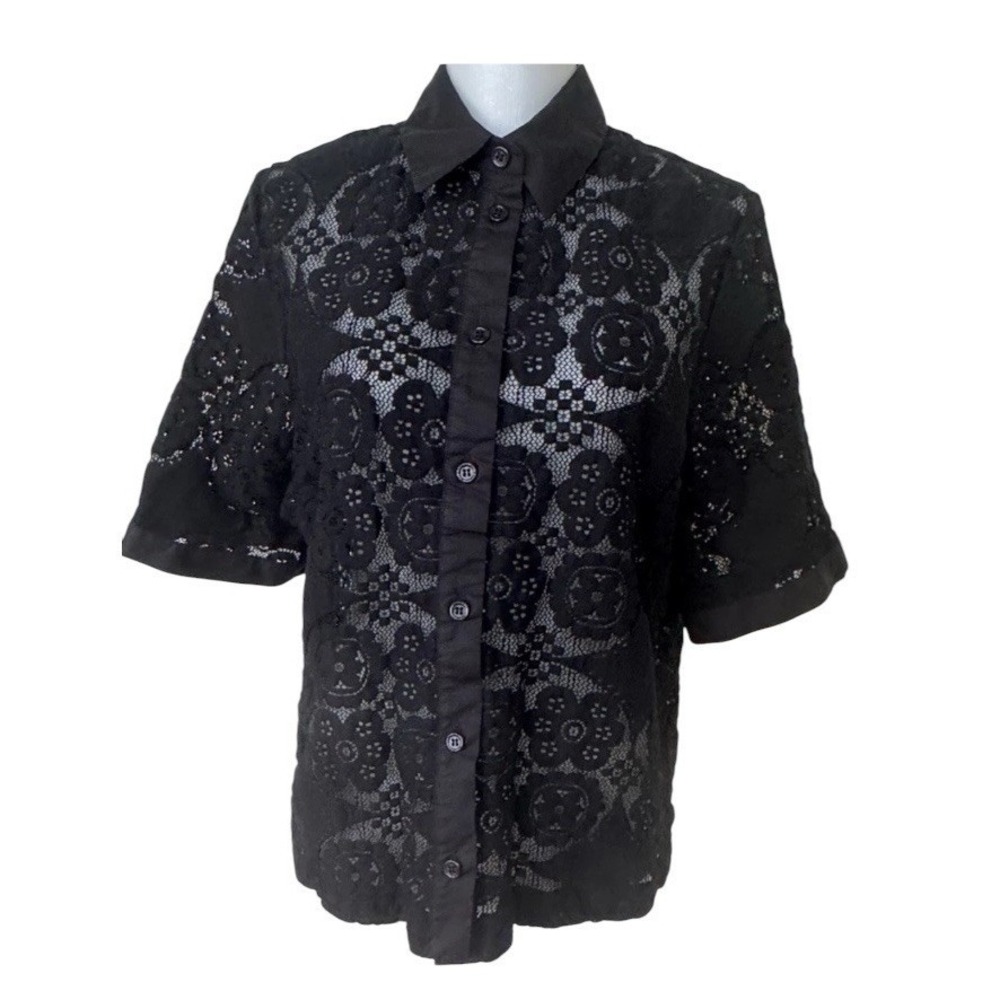 Meimeij Short Sleeve Button Down Lace Top Collared Womens US 6/IT 42 Black Italy